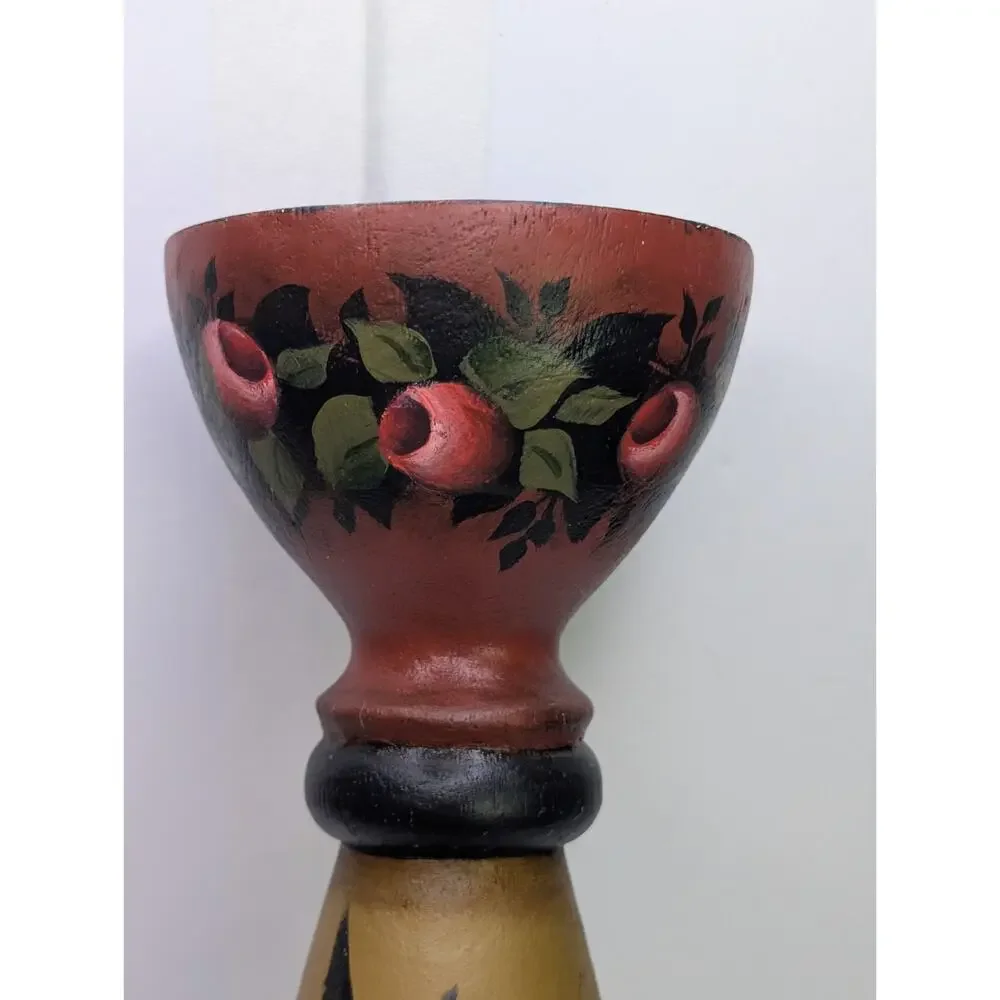 M Howe 2014 Signed Hand Painted Wood Candle Holder Floral Folk Art 12